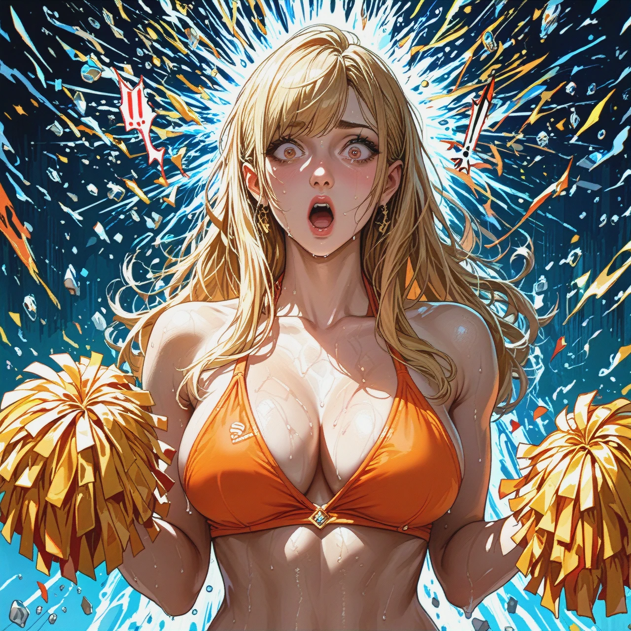 Stylized anime art style, shocked naked blonde cheerleader getting her orange bikini ripped off by a sweaty male naked tired lucario, wardrobe malfunction, one female one male