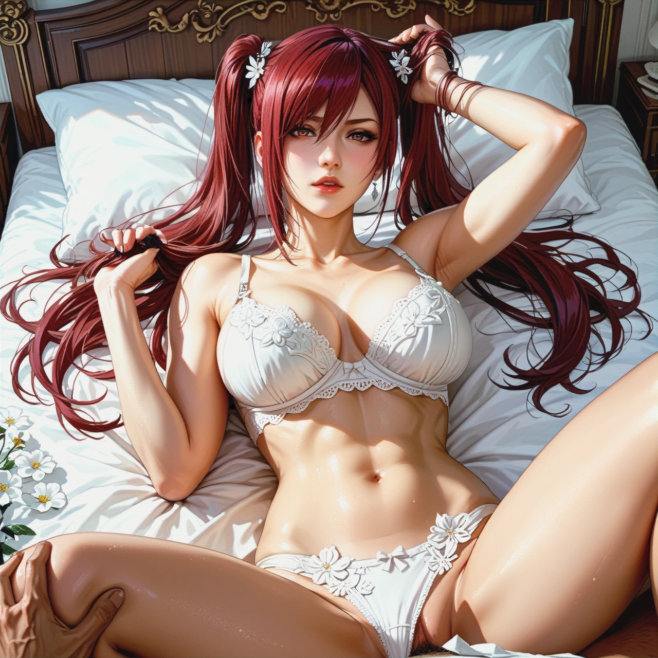 Erza twintails, detailed, missionary on bed,bra white,floral red, panties White floral red , hair pull