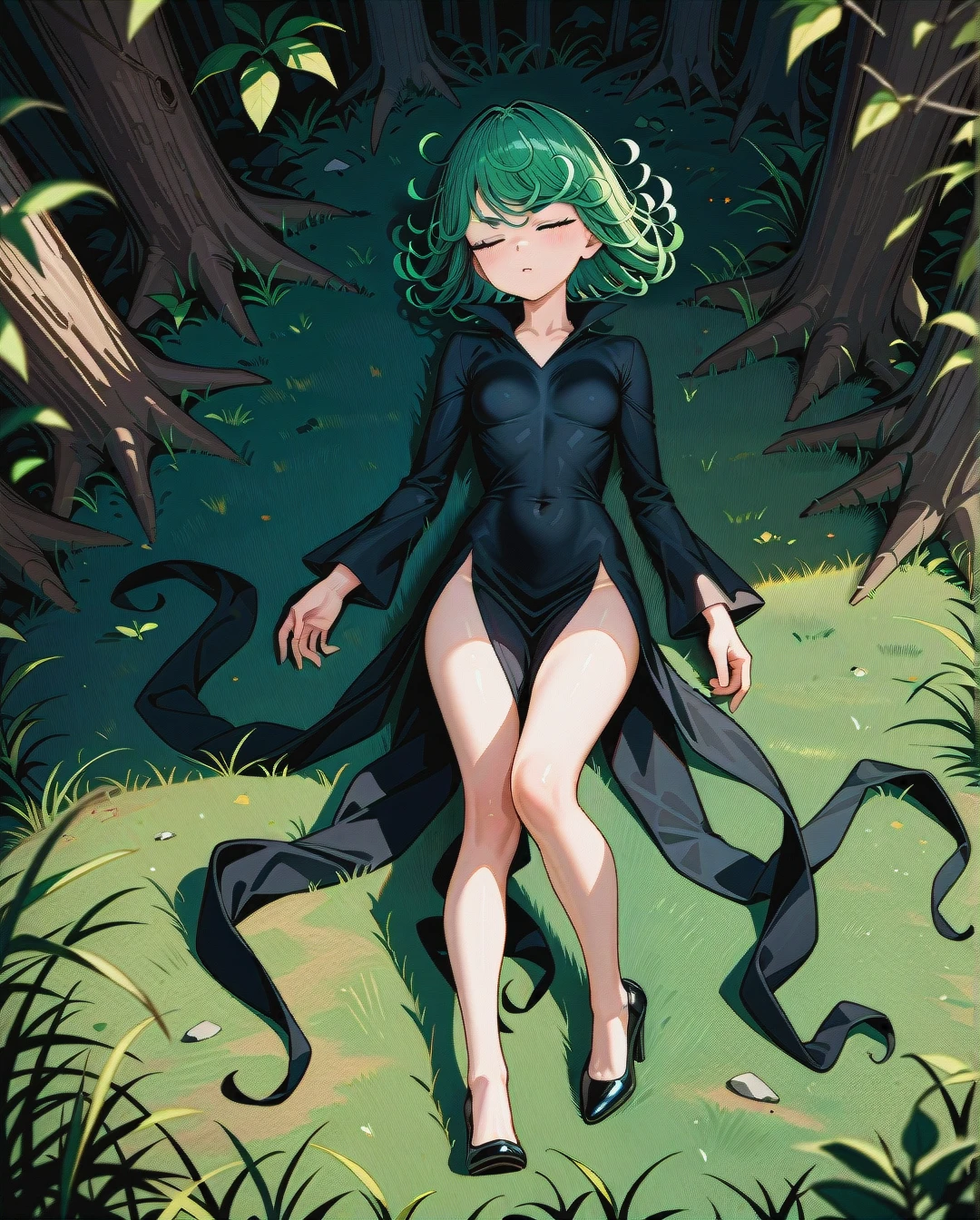 1girl, character tatsumaki, (perfect face: 1,2), (very skinny: 1,1), in black dress with long sleeve, in black heels, sleeping on the ground, forest, full body, lying, (from_above)