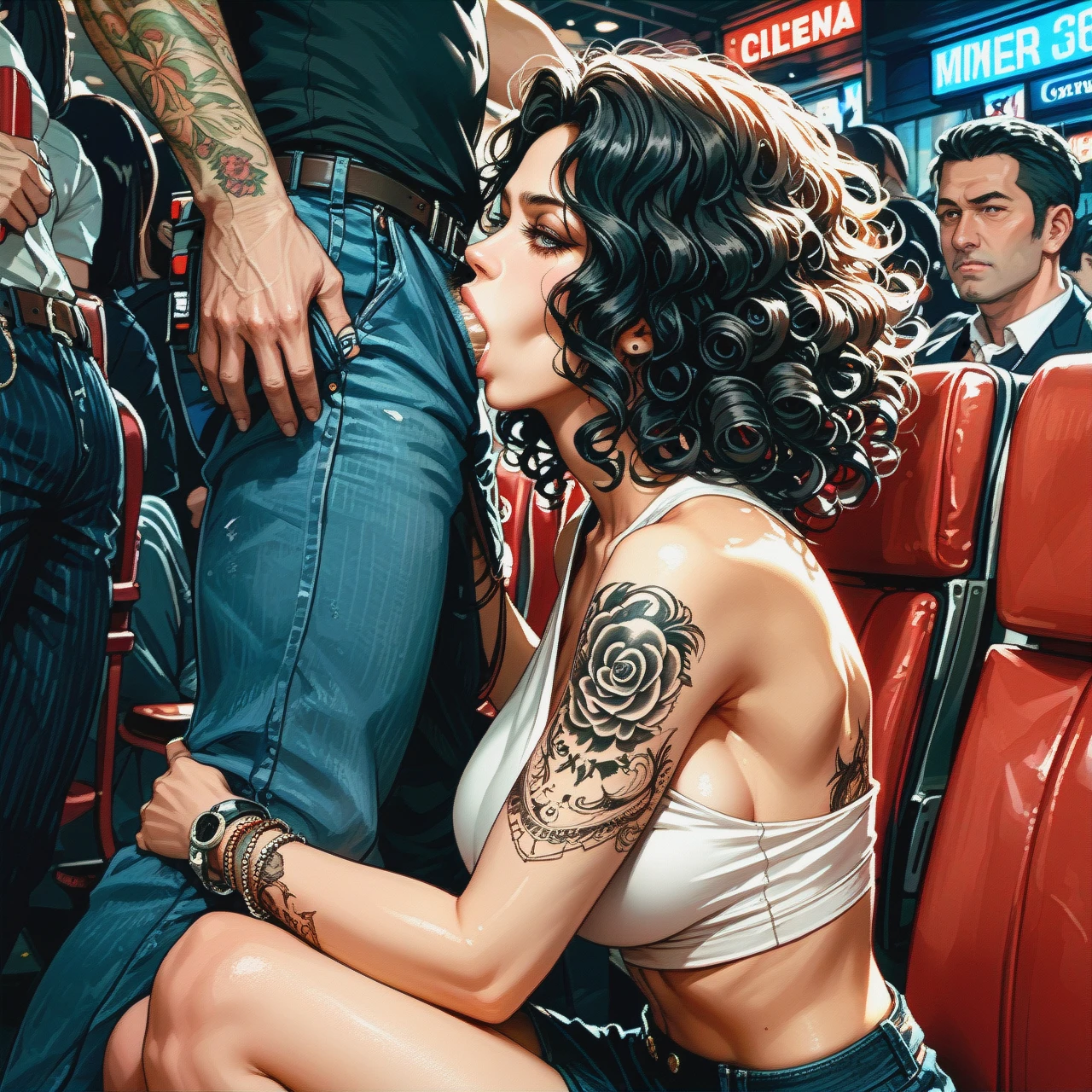 Crop_top, cinema, stealth,(deepthroat), (sitting), (sideboob), tattoo, curly_hair