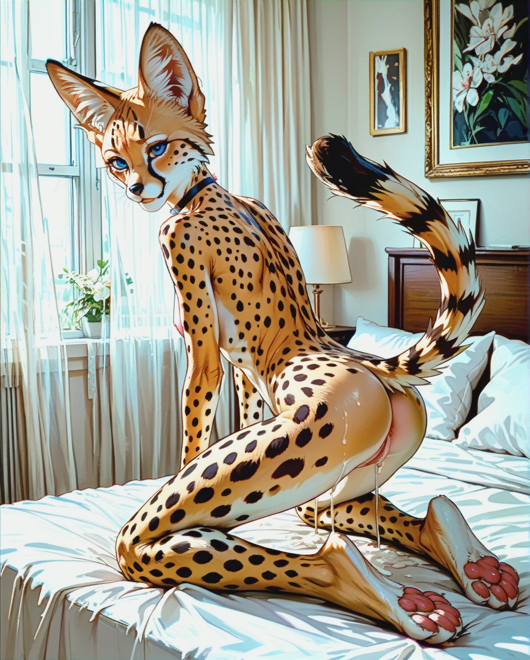 Furry, serval , naked, blue eyes, tall and skinny body, cowgirl pose, vagina full of cum, paws ,in bedroom, see ass, choker