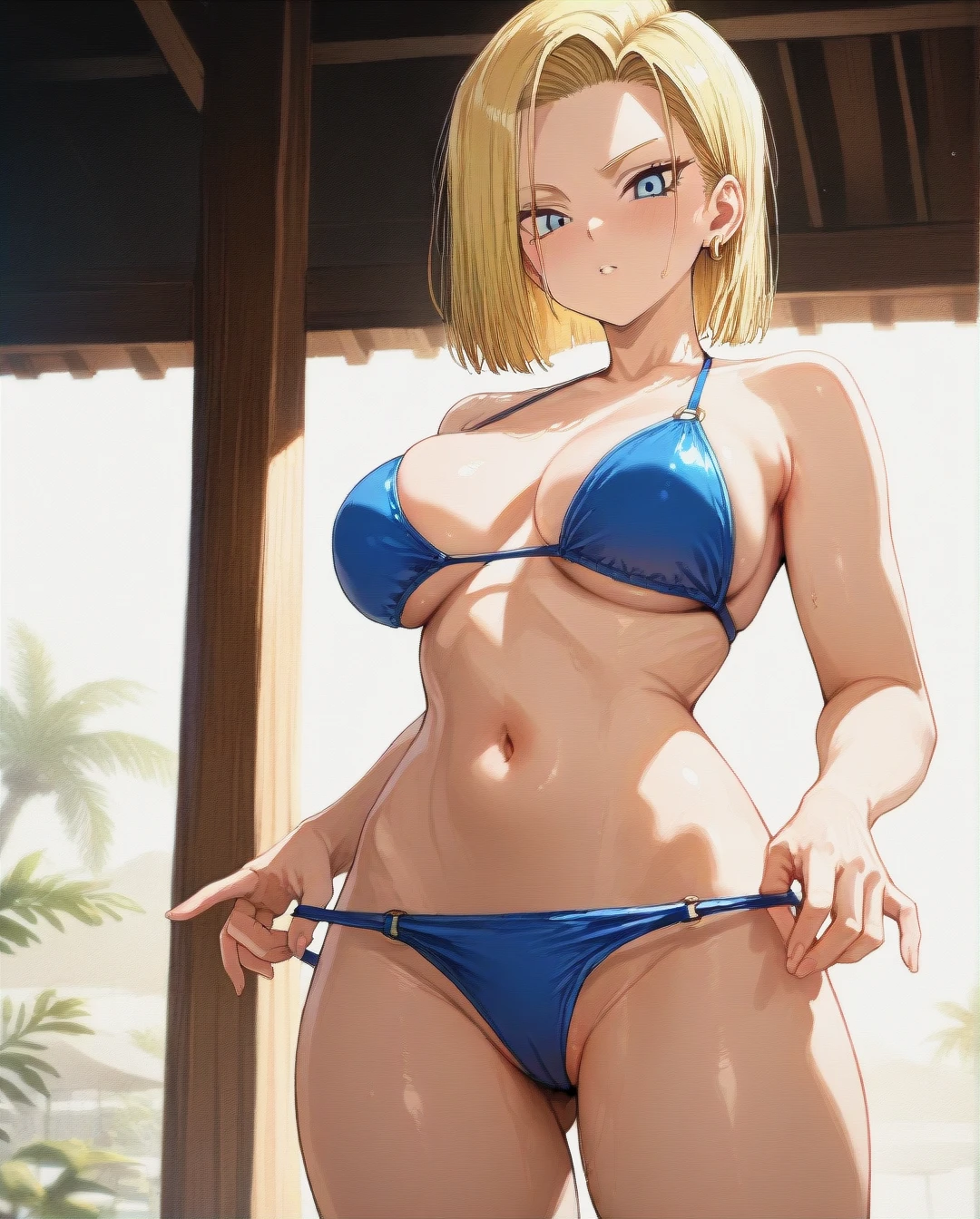 Android @android_18 wearing a (bikini_pull) full (three_sided_view)