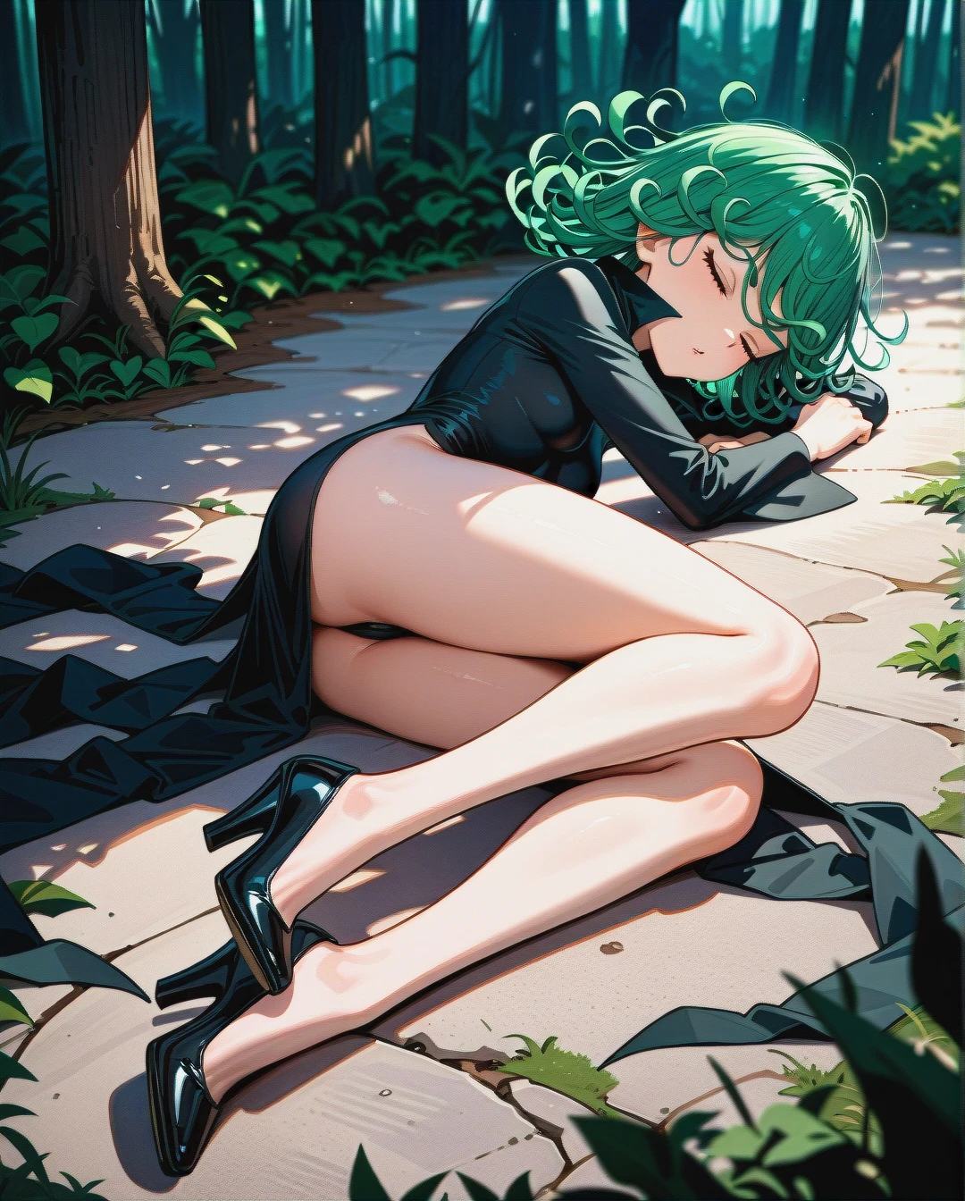 1girl, character tatsumaki, (perfect face: 1,2), (very skinny: 1,1), in black dress with long sleeve, in black heels, sleeping on the ground, forest, full body, lying