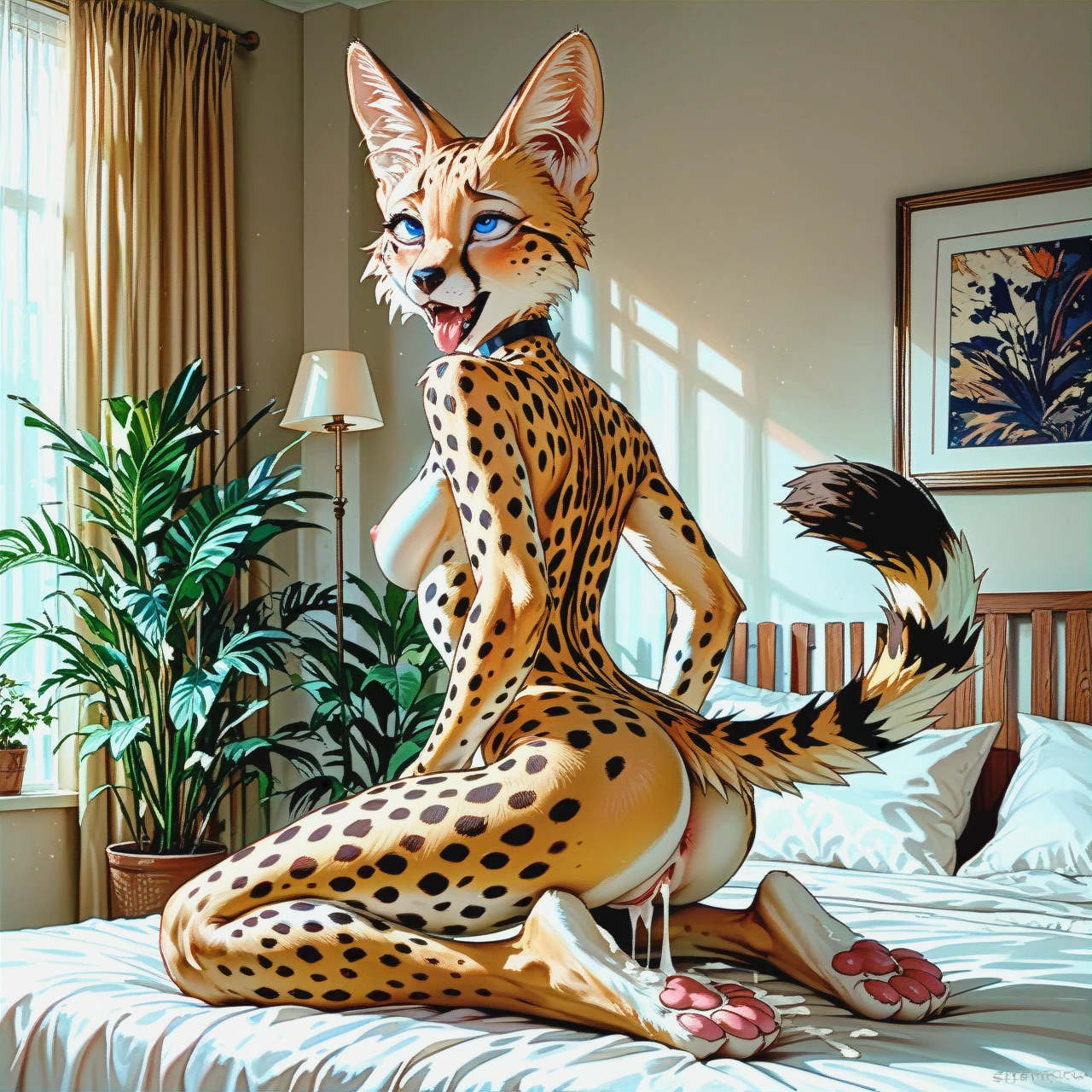 Furry, serval , naked, blue eyes, tall and skinny body, cowgirl pose, vagina full of cum, paws ,in bedroom, see ass, choker, ahegao