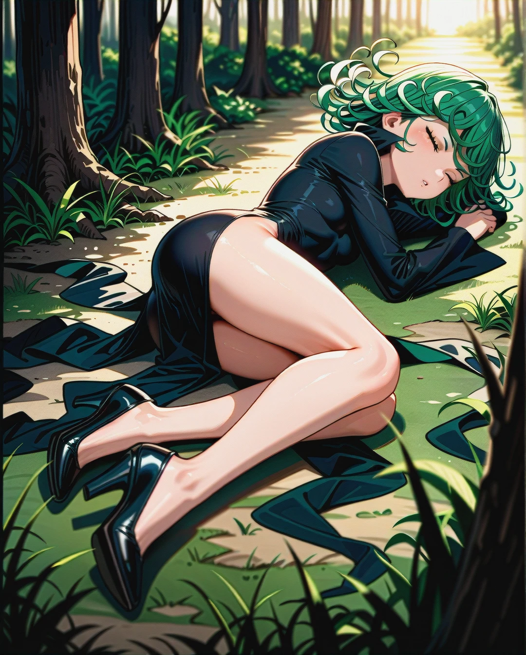 1girl, character tatsumaki, (perfect face: 1,2), (very skinny: 1,1), in black dress with long sleeve, in black heels, sleeping on the ground, forest, full body, lying, top view