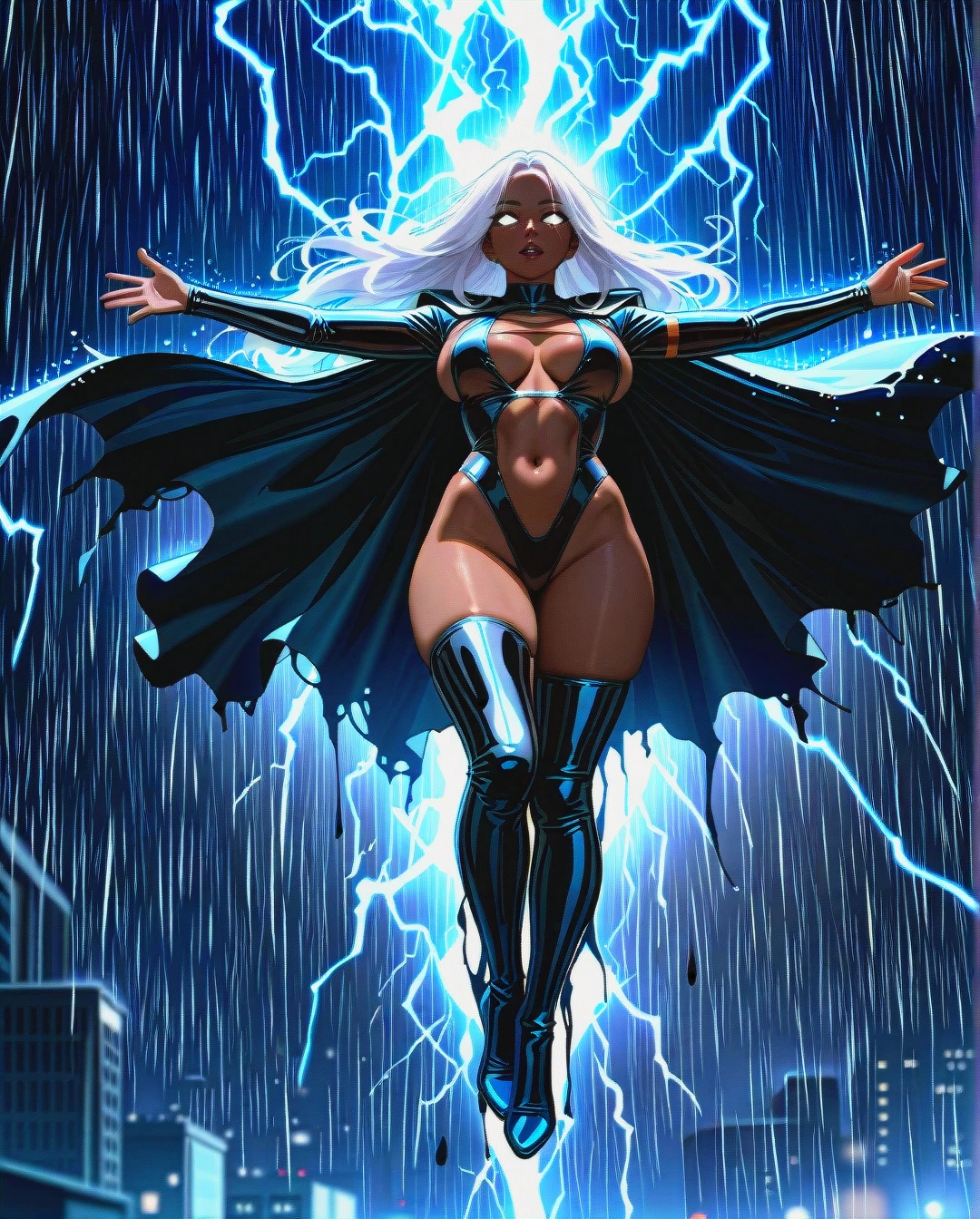 Ororo Munroe Storm from x-men, very dark skin black woman, raising arms in the air, exposed cleavage, visible stomach, latex swimsuit costume, thigh high boots, flowing cape, flying, glowing white eyes, long hair, white hair, rain, lightning, full body view