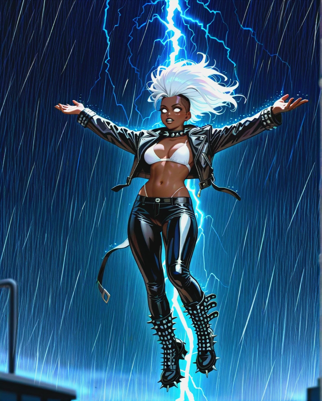 Ororo Munroe Storm from x-men, very dark skin black woman, white bondage bra, punk, sleeveless black leather jacket, low rise skin tight black leather pants, spiked collar, visible thong, spiked boots, flying, glowing white eyes, long white hair, mohawk hairstyle, raising arms in the air, rain, lightning