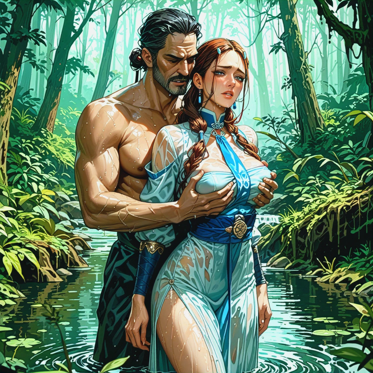 Katara original clothes,sex with oldman,(grabbing_from_behind) neck and breast,at swamp forest,wet dress.