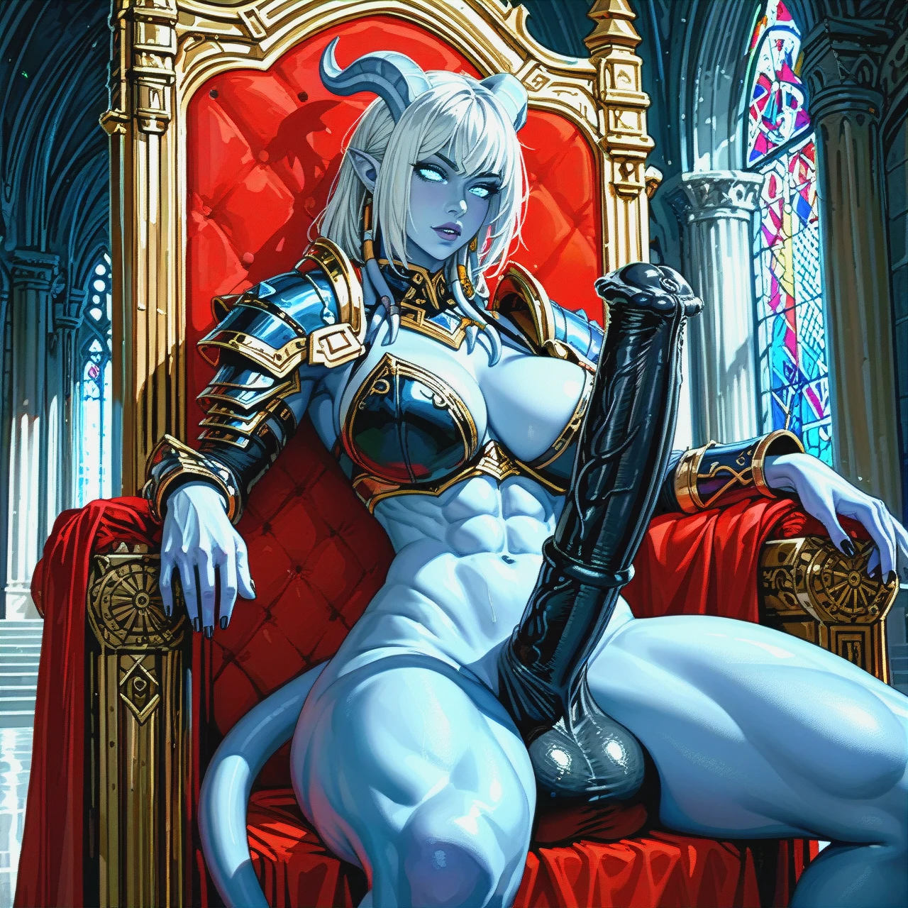 solo, futanari, draenei, blue skin, big breasts, big hips, equine penis, hyper big penis, big balls, black penis, Sitting on the throne, armor, castle, abs, taker pov