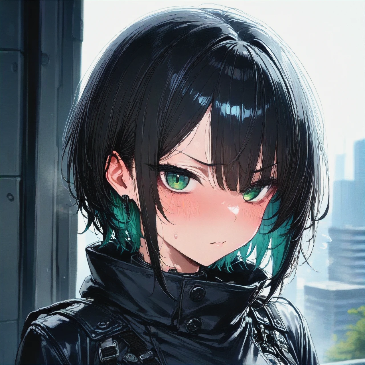 cyborg, tsundere, dark hair, green eyes