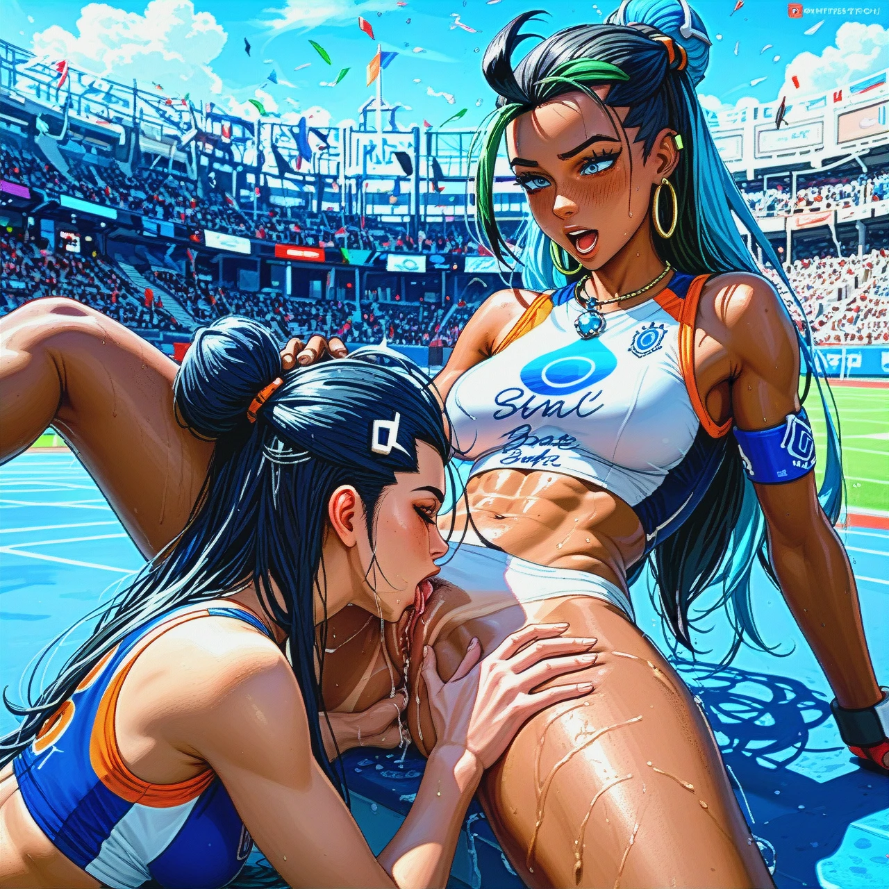 @nessa and @nemona, (fucked_silly) , (cunnilingus) , 2girls, yuri, sportswear, pussyjuice, (full_body) , lesbian, batefoot, tan_lines, spoty, (moaning)