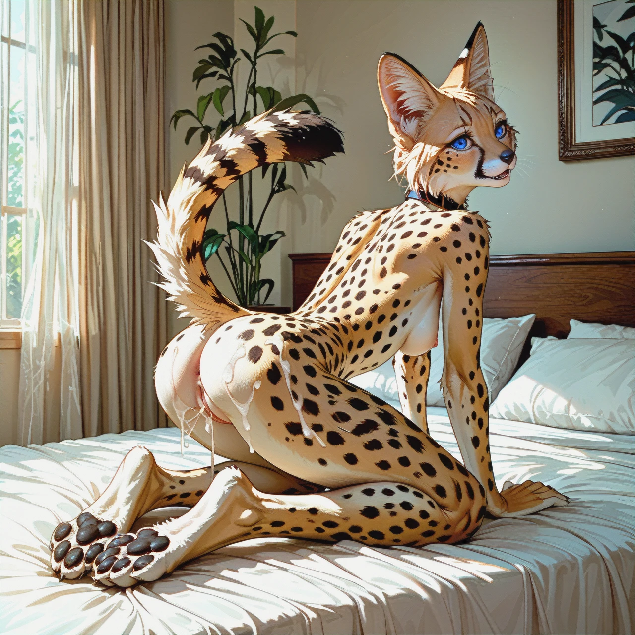 Furry, serval , naked, blue eyes, tall and skinny body, cowgirl pose, vagina full of cum, paws ,in bedroom, see ass, choker