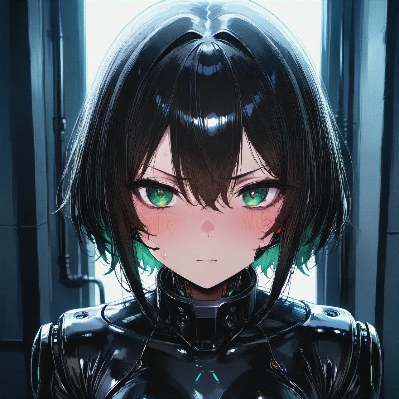 android, tsundere, dark hair, green eyes