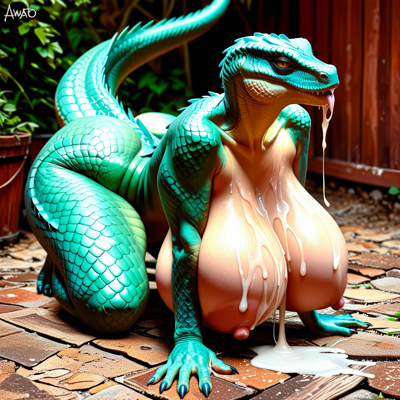 bimbo, big hips, gigantic breasts, cum, cum fantans, Lizard, scales