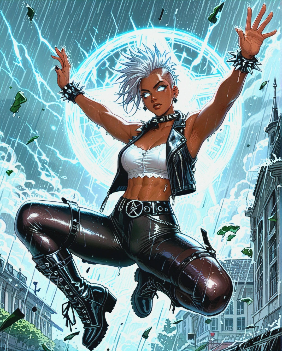 Ororo Munroe Storm from x-men, very dark skin black woman, white bondage bra, punk, sleeveless black leather vest, low rise skin tight black leather pants, spiked collar, visible thong, spiked boots, flying, glowing white eyes, long white hair, mohawk hairstyle, raising arms in the air, rain, lightning