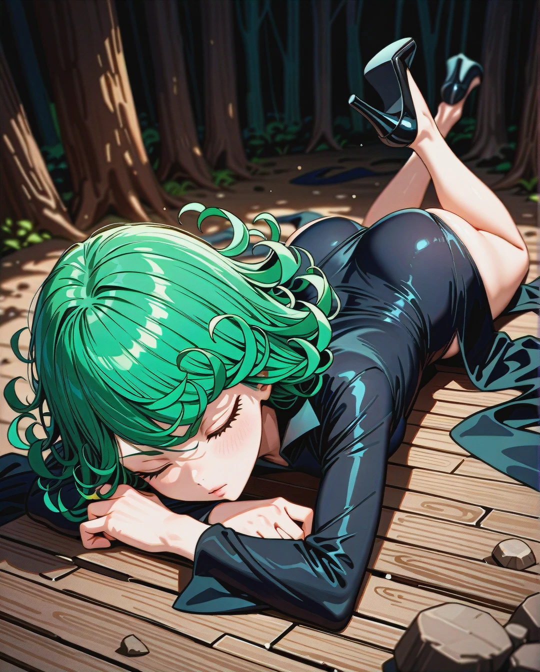 1girl, character tatsumaki, (perfect face: 1,2), (very skinny: 1,1), in black dress with long sleeve, in black heels, sleeping on the ground, forest, full body, lying, (from_above)