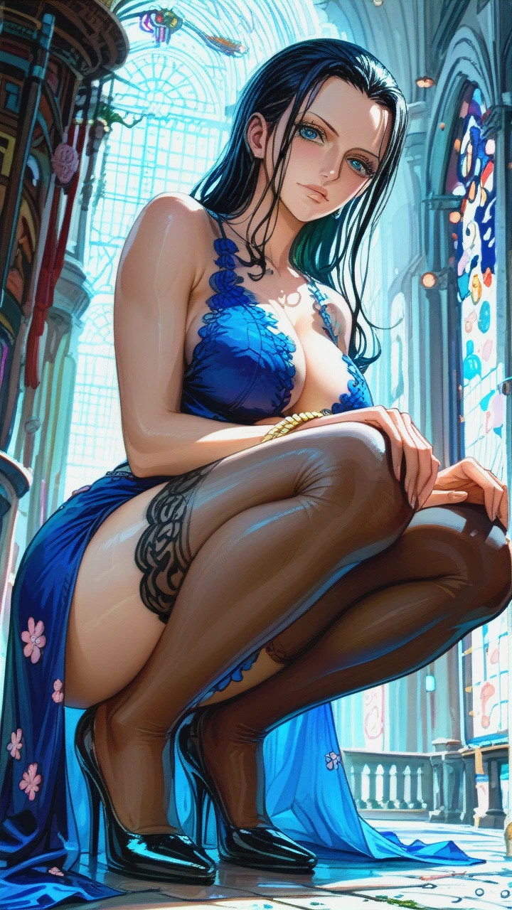 @nico_robin post timeskip full view (facing_viewer) (full_body)  no panties (squatting) spreading legs