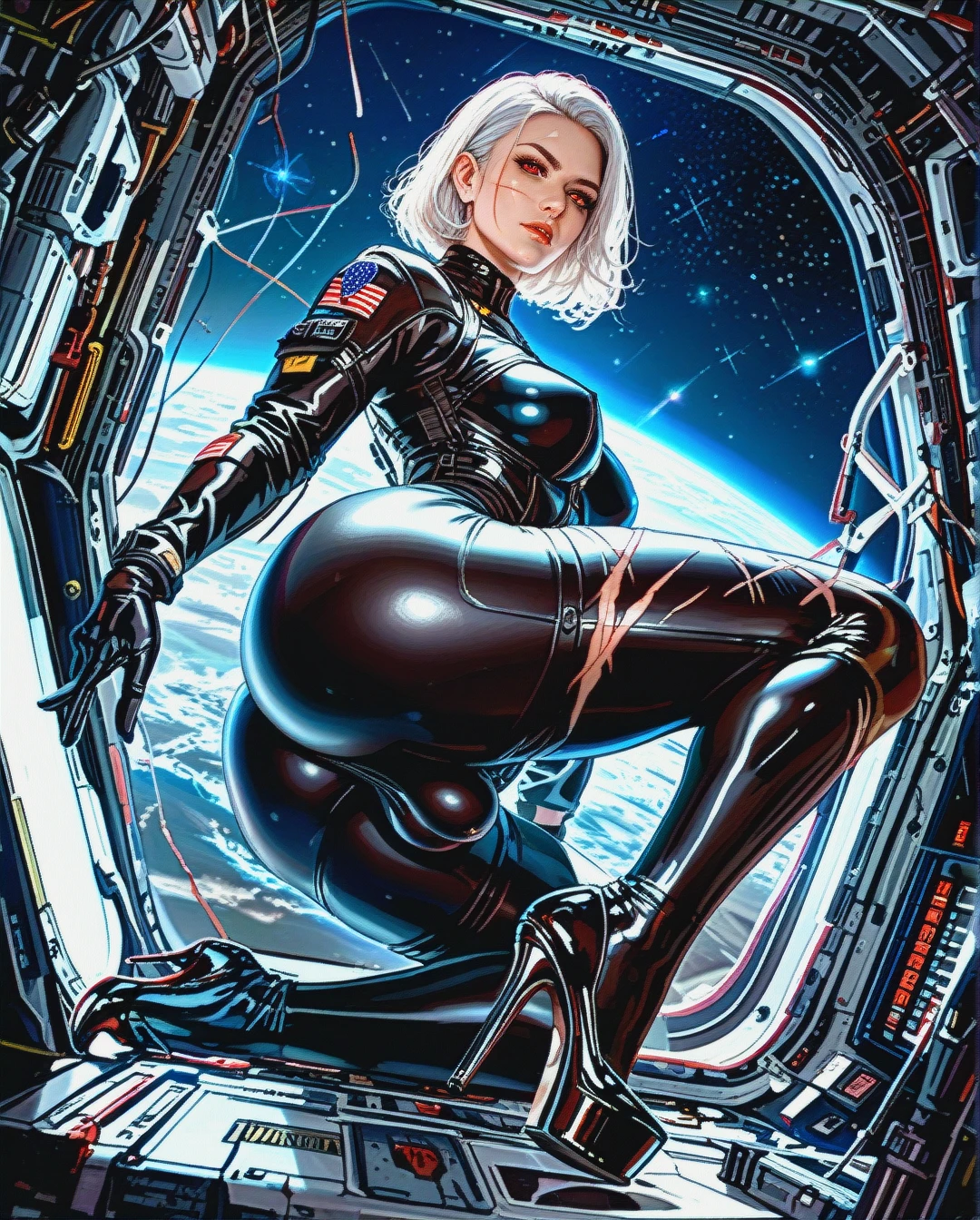 Realistic anime style, beautiful scars face, on the spaceship, mature futanari, curvy body, straight hair, red eyes, white hair, huge ass, medium breasts, black space kneehighs, high space heels, focus solo, black Space Combat Suit, scars, big bulge penis, sci-fi