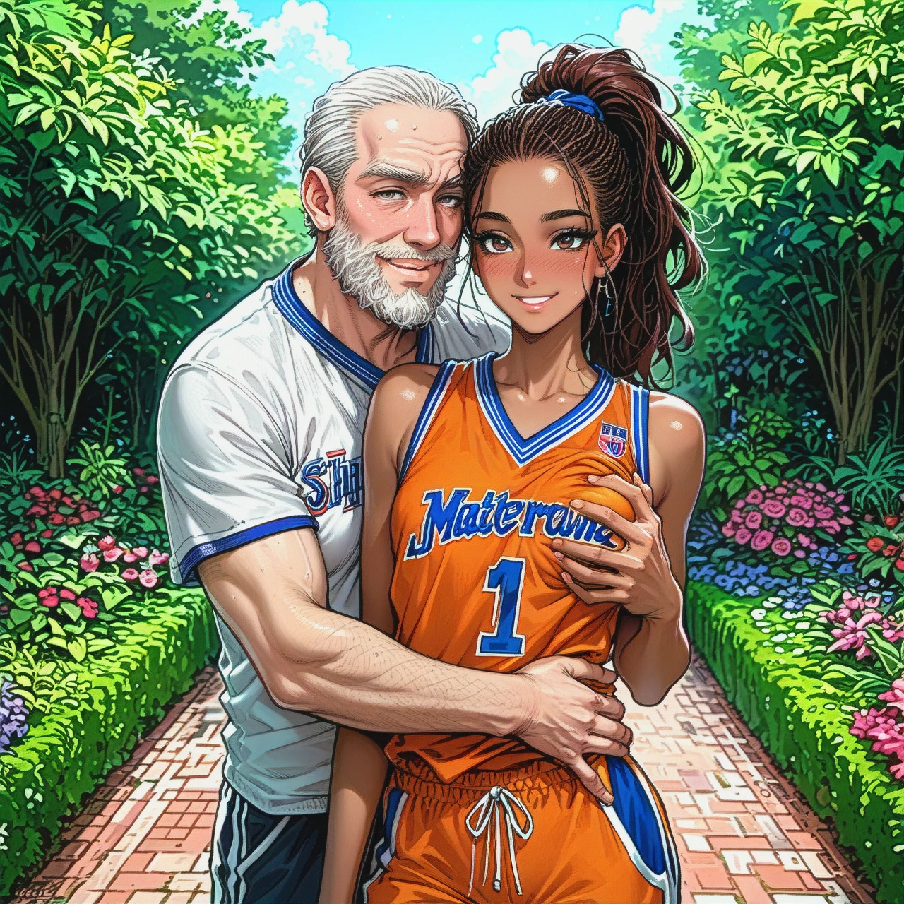 garden, outside. (super cute dark-skinned African-american slim girl) (flat_chest), (oversized white basketball jersey and pants), smiling, blush, top ponytail,(muscular old man with a beard) (reach-around) (breast_grab)