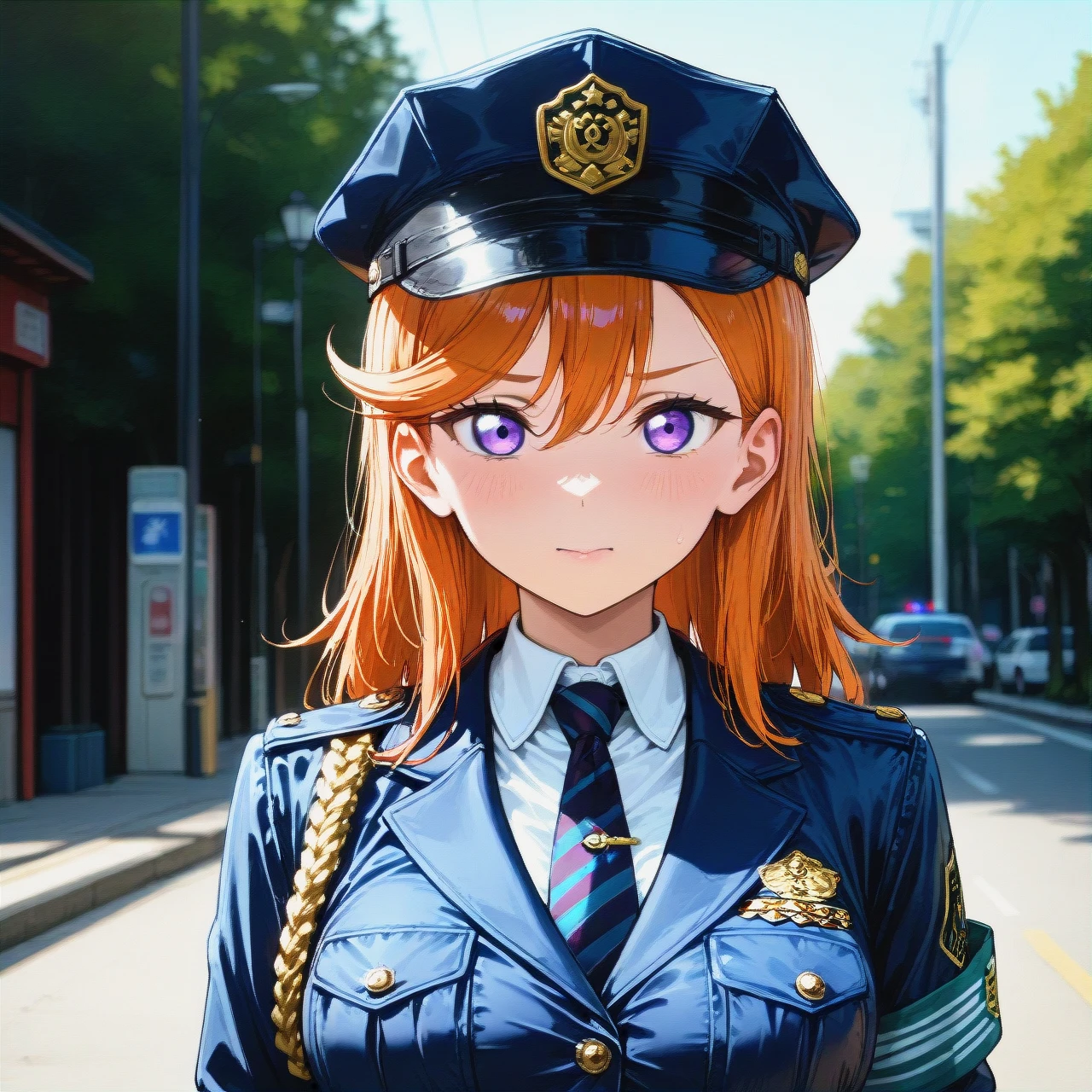 1girl,shibuya_kanon\(love_live!\),purple_eyes,looking at viewer, Police officer, salute