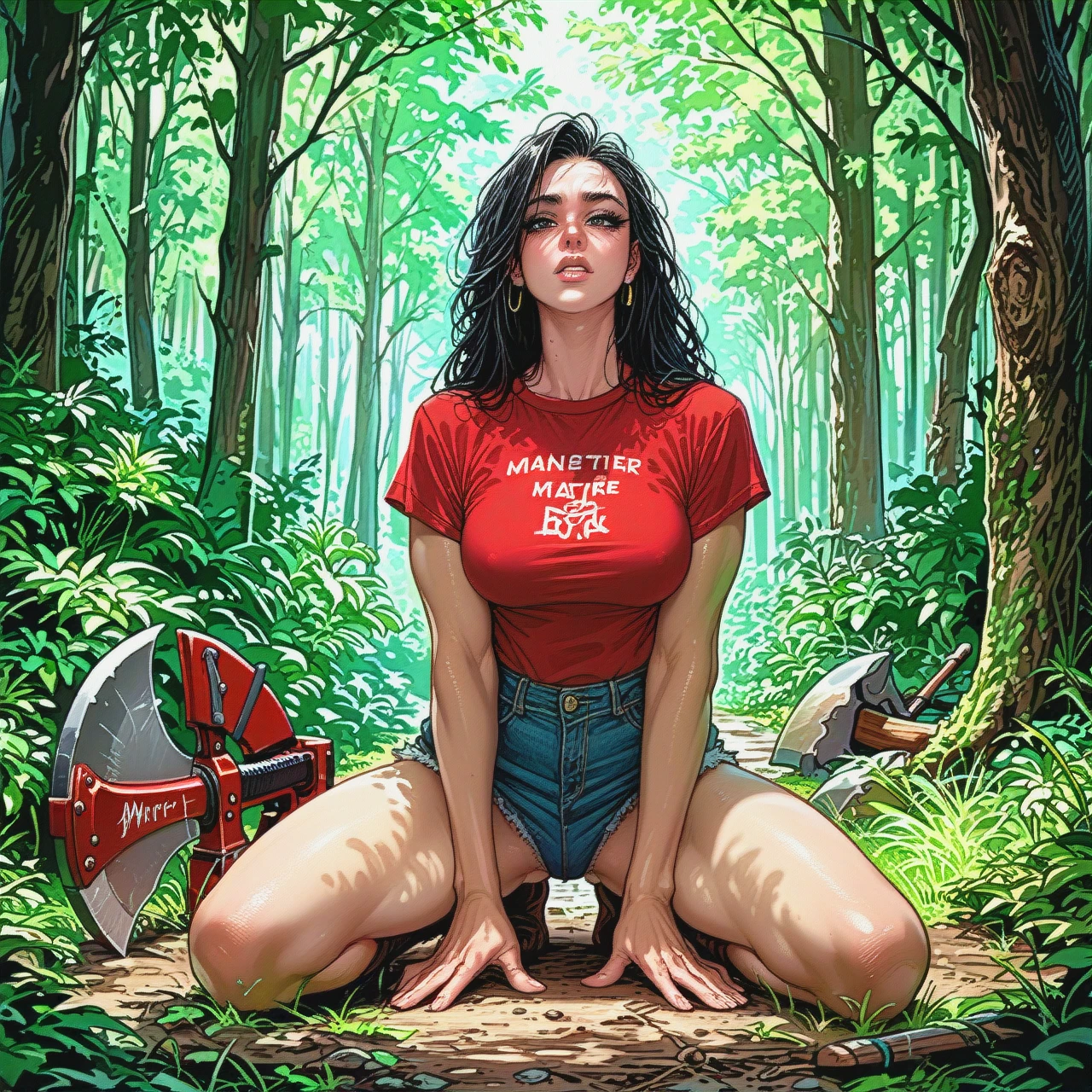 forester, girl, in the forest, athletic body, red shirt in a bundle, next to an axe, lumberjack, masturbating