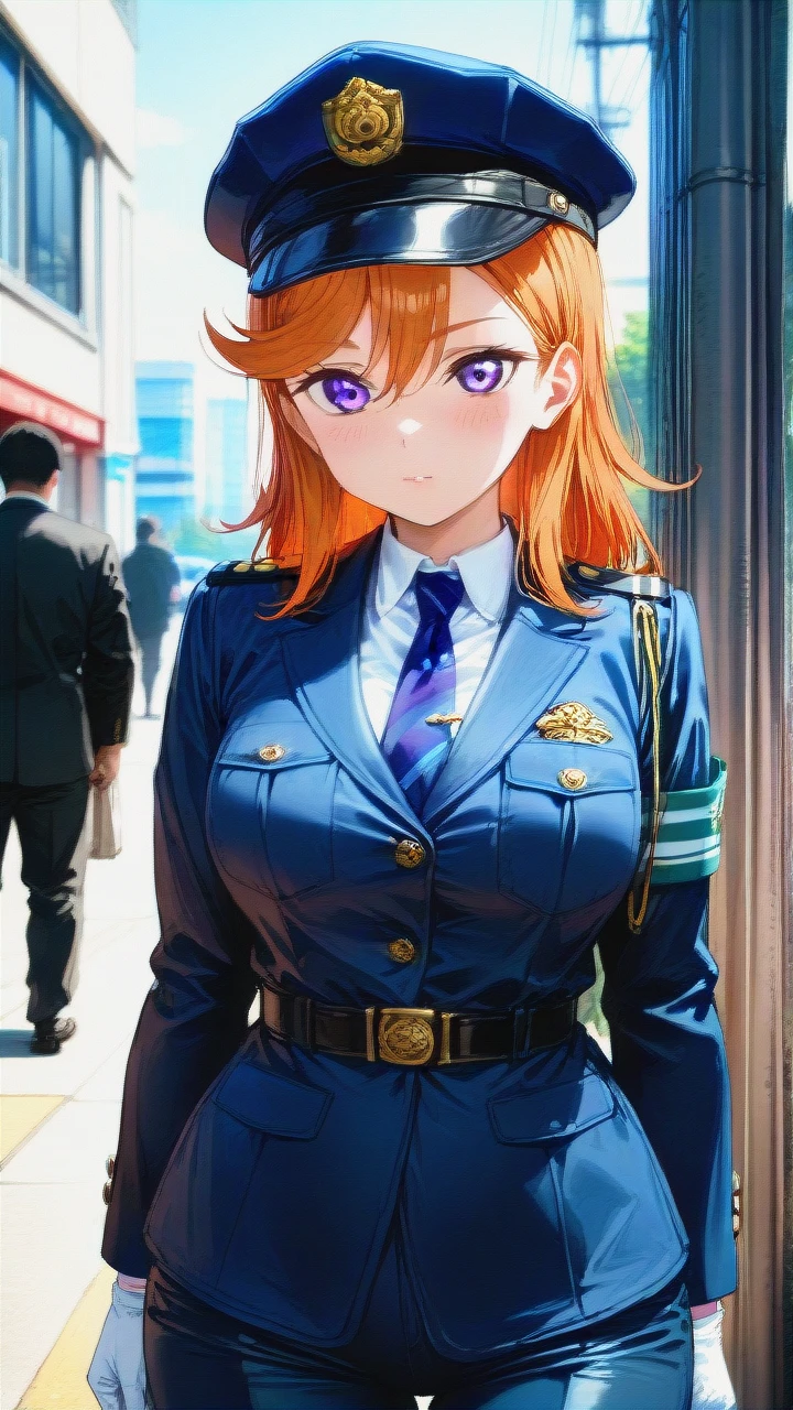 1girl,shibuya_kanon\(love_live!\),purple_eyes,looking at viewer, Japanese Police_officer, salute