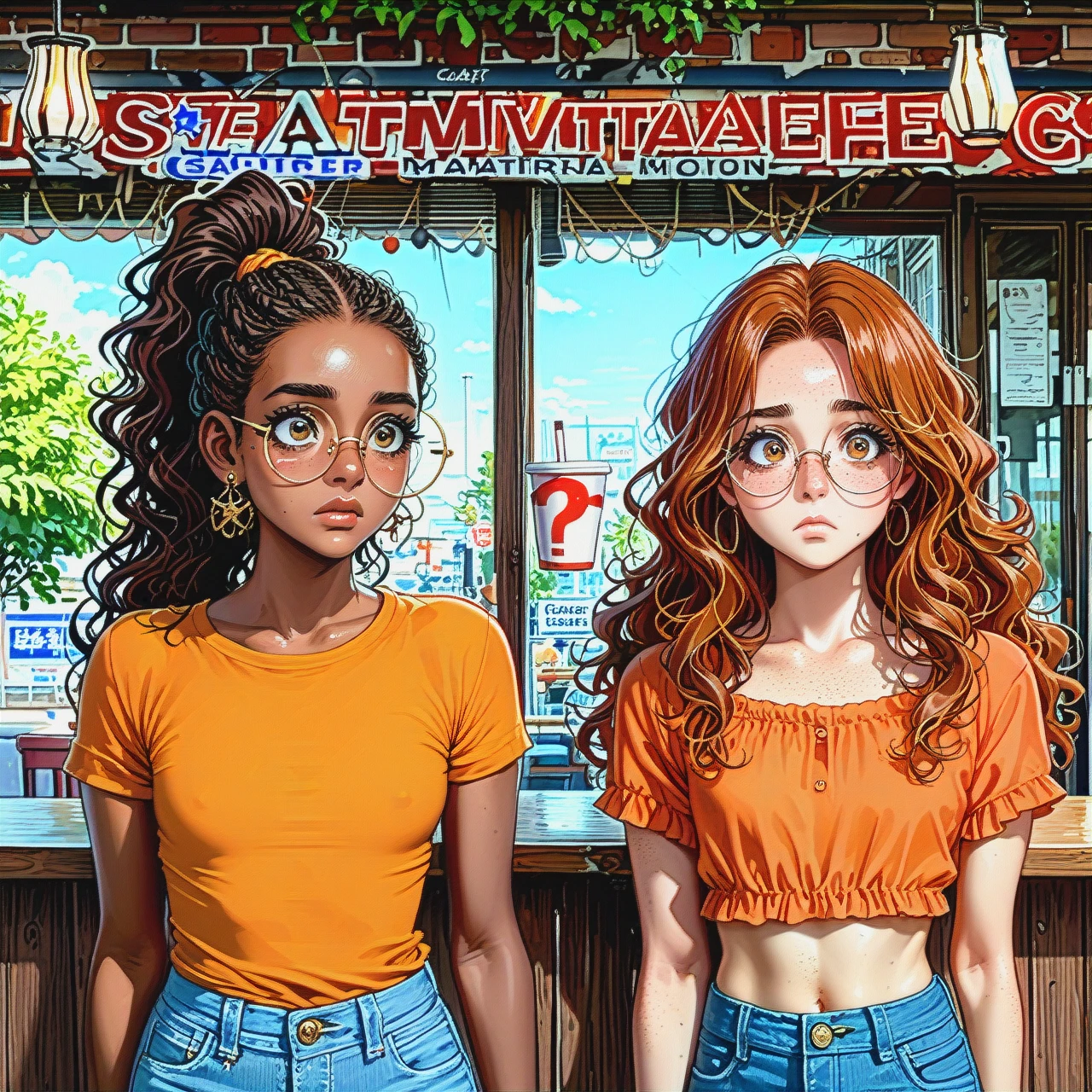 (Slim super cute dark-skinned  African-american girl,(confused),orange shirt,jeans,top ponytail, (flat_chest)), ( slim super cute tanned latina (flat_chest) freckles round glasses,blue t-shirt, jeans,,wavy hair,) cafe, sad, 2girls