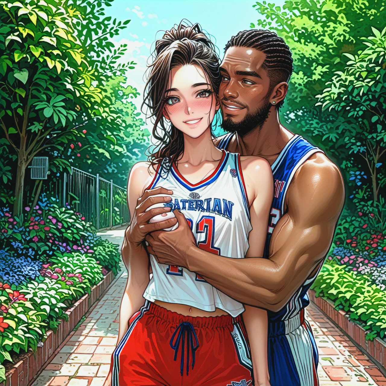 garden, outside. (super cute dark-skinned African-american slim girl) (flat_chest), (oversized white basketball jersey and pants), smiling, blush, top ponytail,(muscular old man with a beard) (reach-around) (breast_grab)