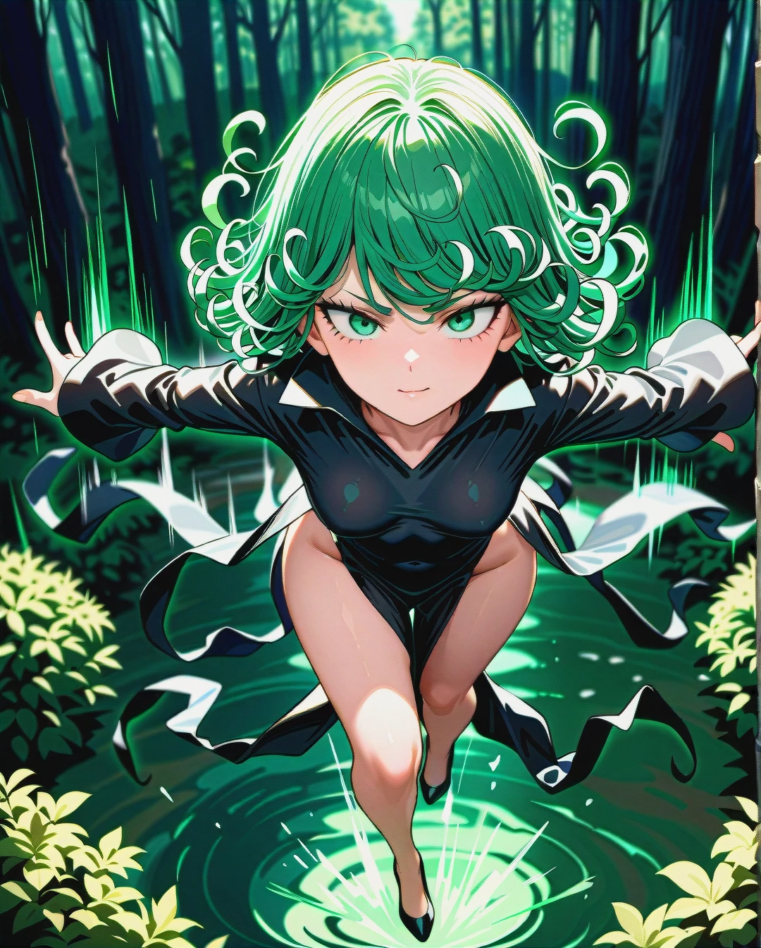 1girl, @tatsumaki, (perfect face), (beautiful green eyes), (very skinny), in black dress with long sleeve, floating in the air, landscape is forest, (full_body), motion lines, day, (pointing), looking down