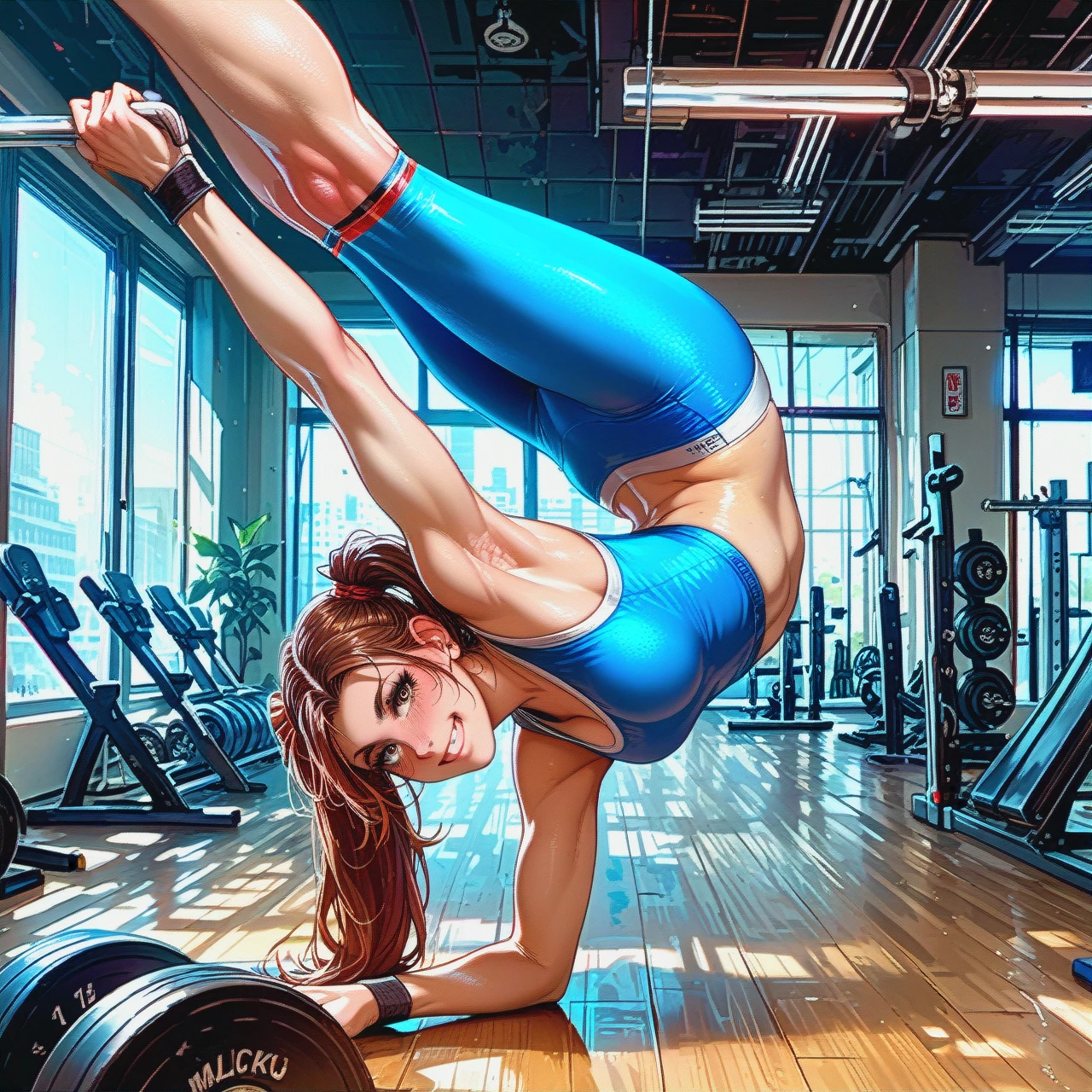 Gym,athletic girl (brown hair),twintails ,blushing,  standing,blue sports tube top and pants, (handstand) (smile)