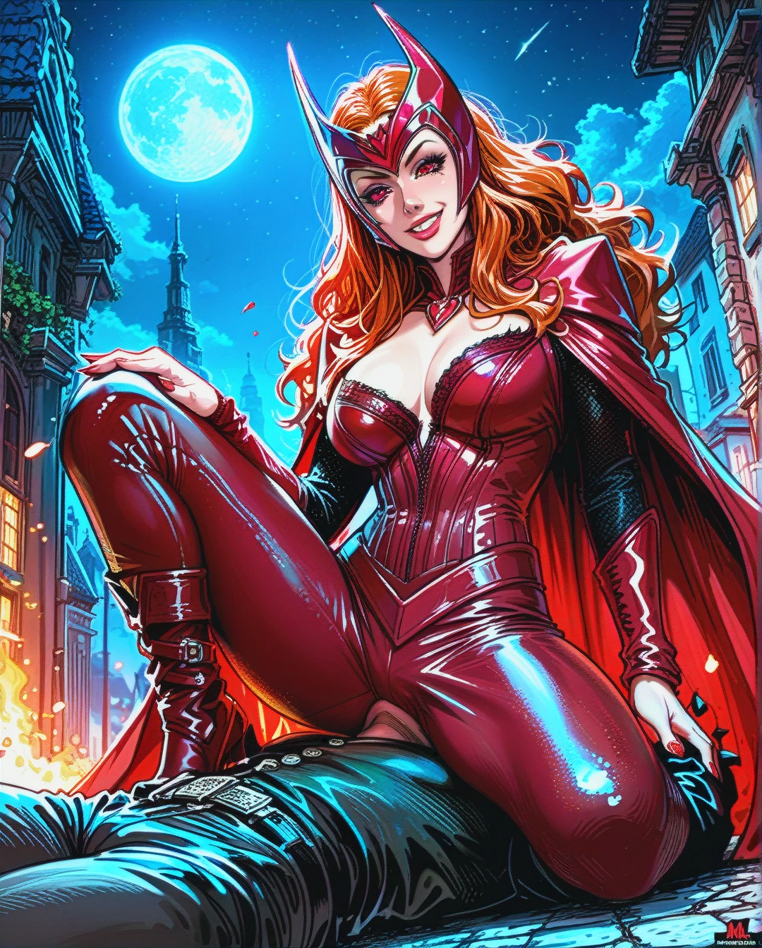 Smile Scarlet witch, femdom, night roof, pants, facesitting