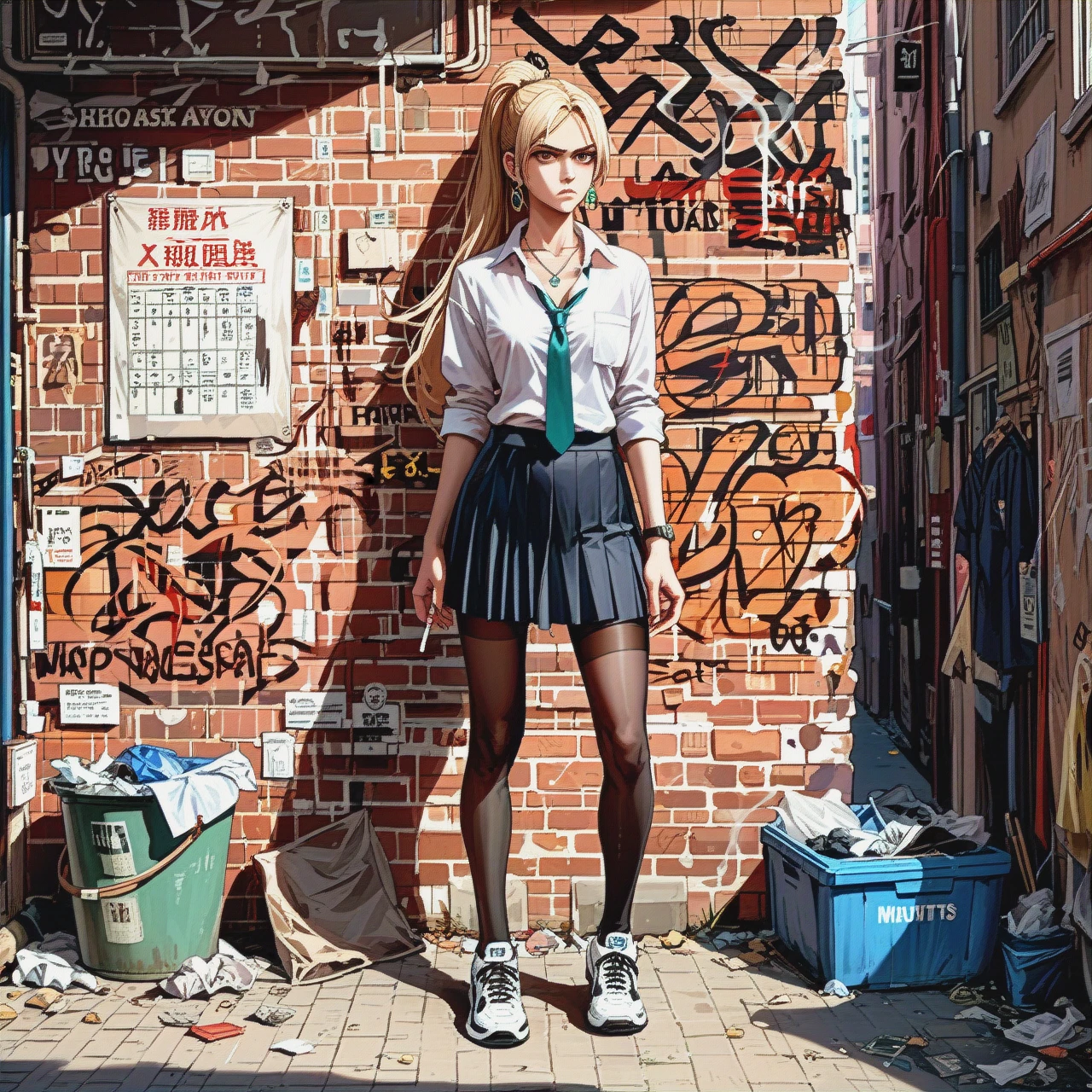 College, blonde_ponytail, brown_eyes, white_shirt, black_legwear, (skinny) ,(full_body), (annoyed), brick_wall, smoking_room, cigarette_butts, students, trash_can, sneakers, black_skirt, (standing) , neckline , earrings, necklaces, jewellery, loose_tie