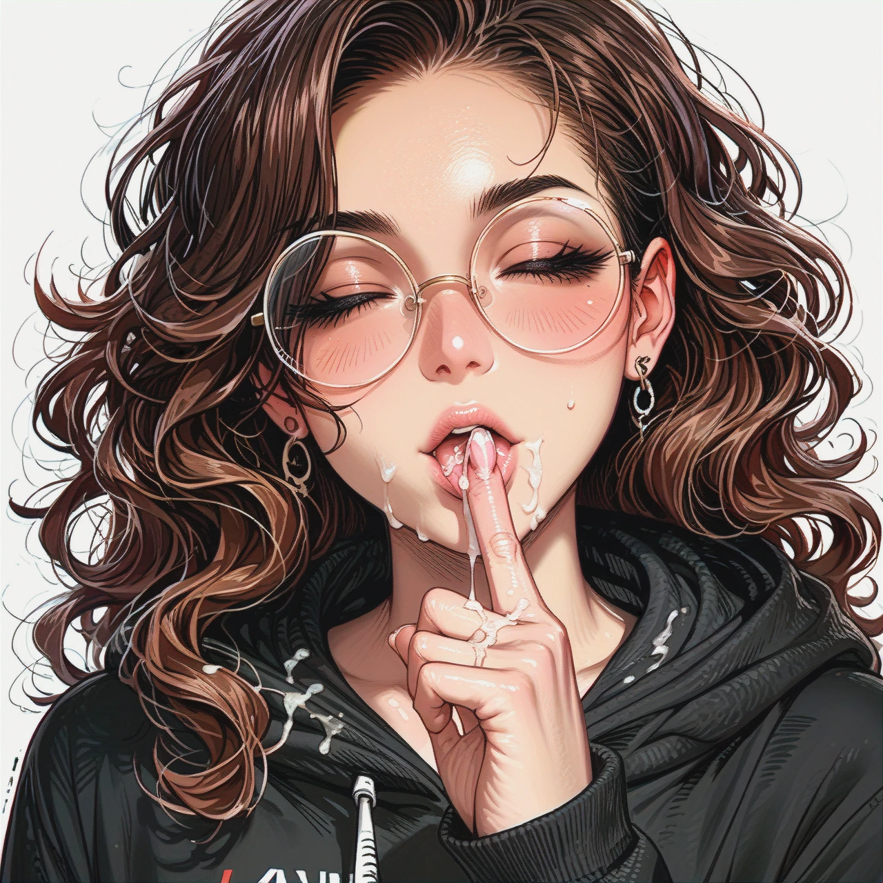 Slim tanned brunette wavy hair round glasses (flat_chest) cum on finger,index-finger pointing upward,(closed_eyes) sucking finger,hoodie