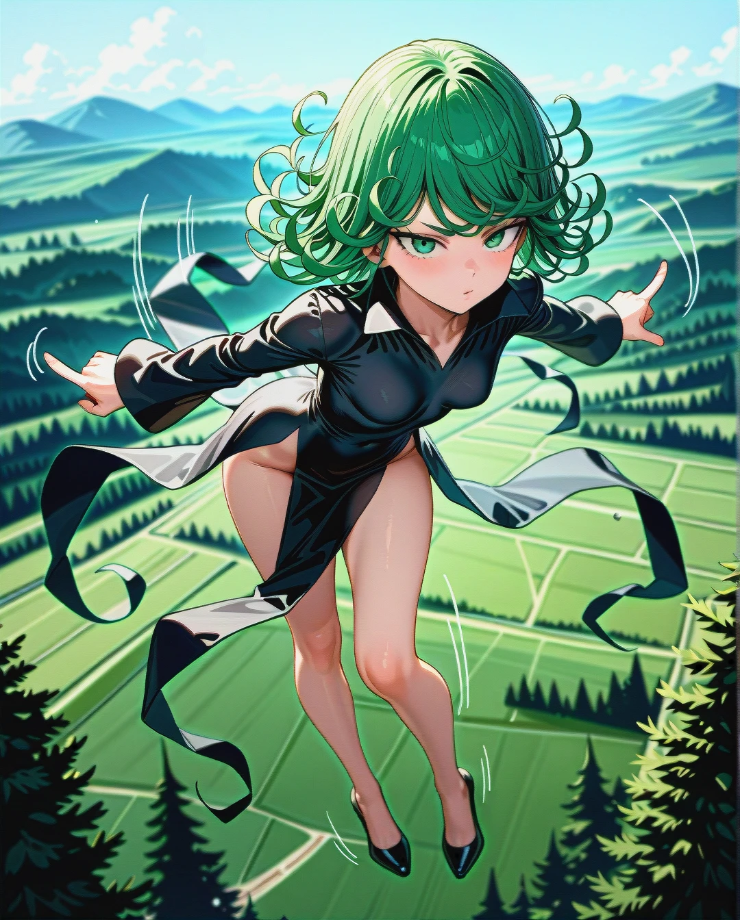 1girl, @tatsumaki, (perfect face), (beautiful green eyes), (very skinny), in black dress with long sleeve, in black heels, floating in the air, landscape is forest, (full_body), motion lines, day, (pointing_down)