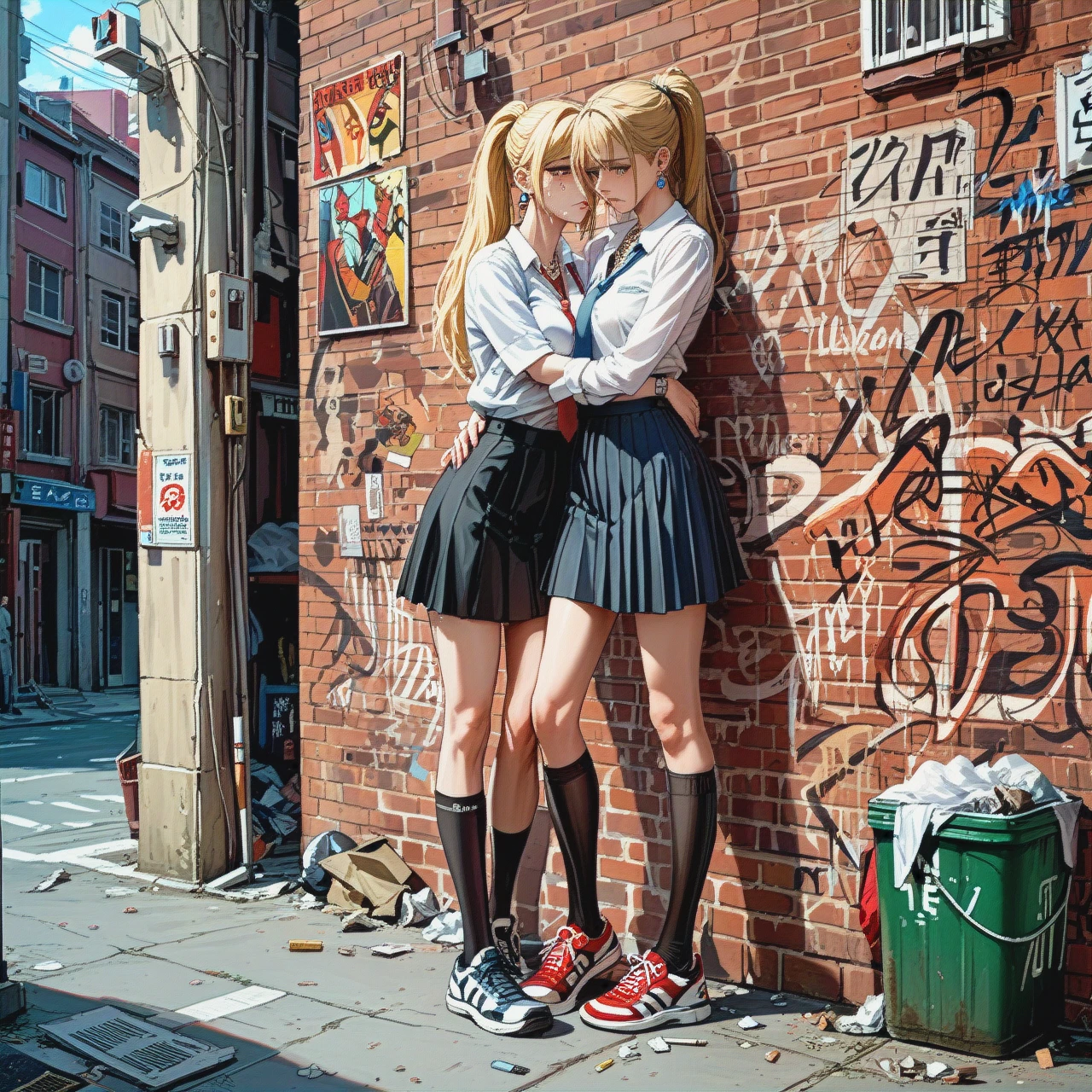 College, blonde_ponytail, brown_eyes, white_shirt, black_legwear, (skinny) ,(full_body), (tears), (sad), brick_wall, smoking_room, cigarette_butts, trash_can, sneakers, black_skirt, (standing) , neckline , earrings, necklaces, jewellery, loose_tie, phone, , (hugging_own_legs)