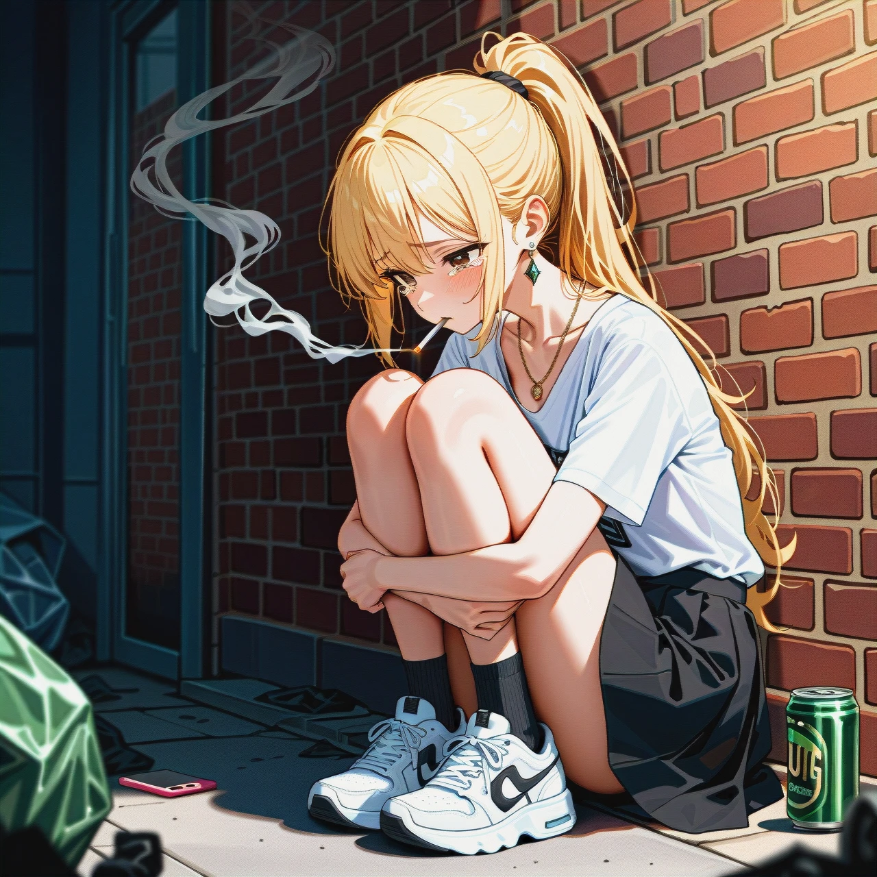 College, blonde_ponytail, brown_eyes, white_shirt, black_legwear, (skinny) ,(full_body), (tears), (sad), brick_wall, smoking_room, cigarette_butts, trash_can, sneakers, black_skirt, (standing) , neckline , earrings, necklaces, jewellery, loose_tie, phone, , (hugging_own_legs)