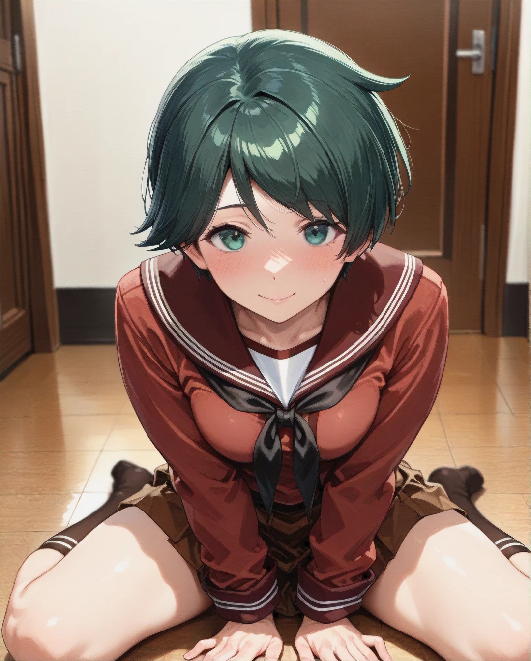 @mogami, (perfect face: 1,2), in school uniform, (full_body), sitting on a floor, stokings