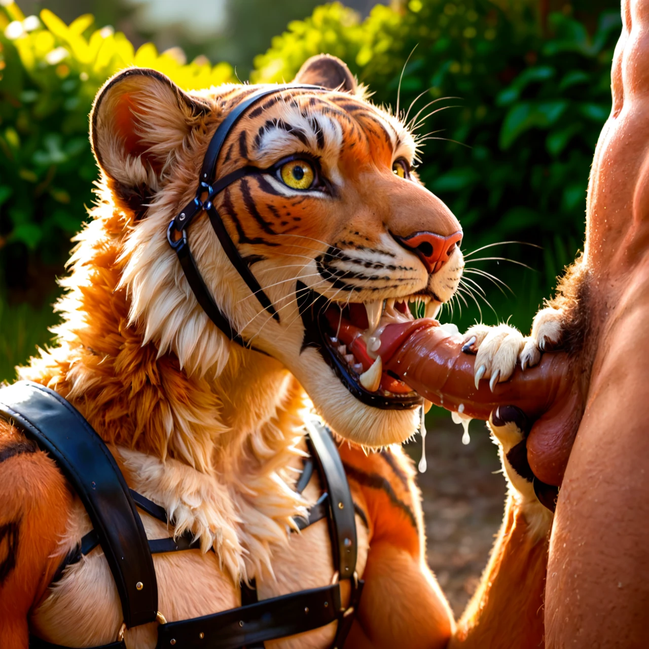 Furry only, anthro, two males, gay, sabertooth tigers, big fangs, kneeling bottom, cumshot, fellatio, cum in mouth, harness