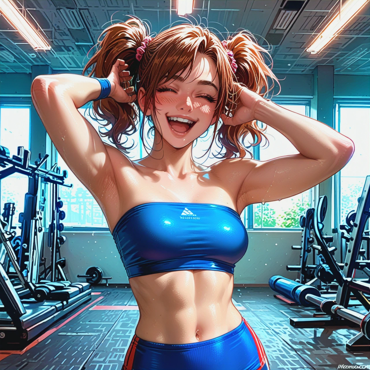 Gym,athletic girl (brown hair),twintails ,blushing,  standing,blue sports tube top,(cumdrip) (arm_up) (laughing) eyes closed