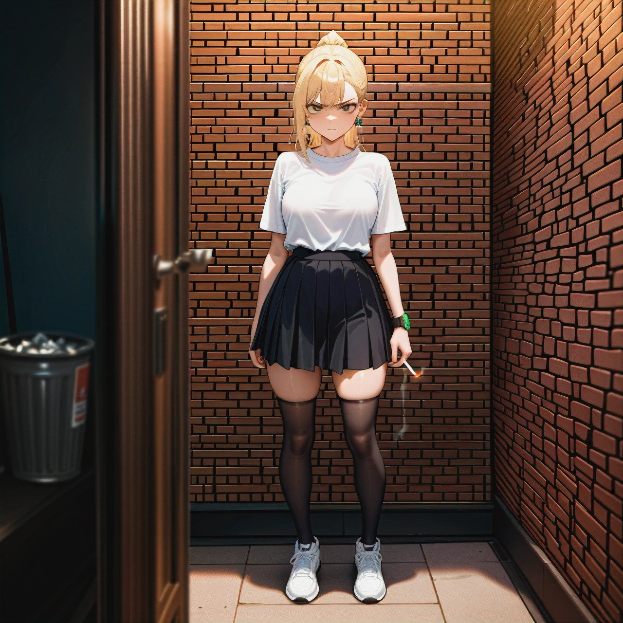 College, blonde_ponytail, brown_eyes, white_shirt, black_legwear, (full_body), (annoyed), brick_wall, smoking_room, cigarette_butts, students, trash_can, sneakers, black_skirt, (standing) , (deep_cutout) , earrings