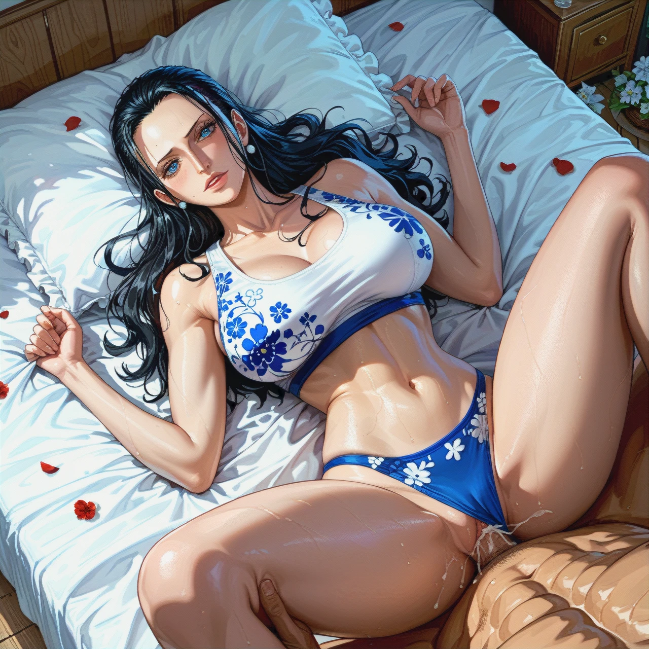 Pulled back hairstyle @nico_robin mature, missionary,on bed, white sports bra floral blue, white panties floral blue