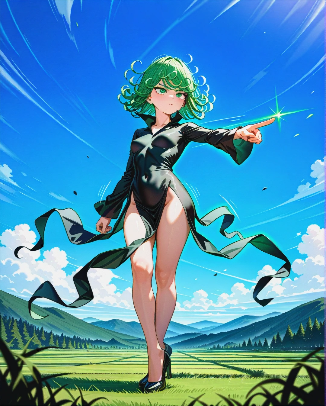 1girl, @tatsumaki, (perfect face), (beautiful green eyes), (very skinny), in black dress with long sleeve, in black heels, floating in the air, landscape is forest, (full_body), motion lines, day, (pointing), (from_below)