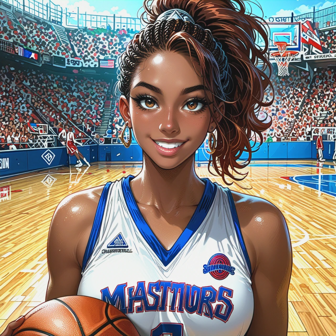 African-american girl, basketball field outside, basketball jersey, smiling, top ponytail