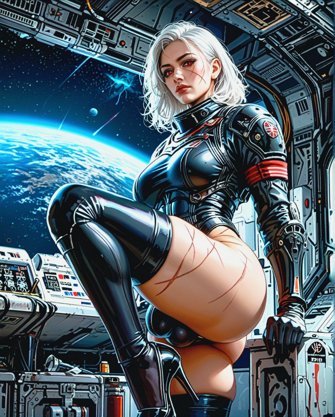 Realistic anime style, beautiful scars face, on the spaceship, mature futanari, curvy body, straight hair, red eyes, white hair, huge ass, medium breasts, black space kneehighs, high space heels, focus solo, black Space Combat Suit, black full plate armor, scars, big bulge penis, no flags