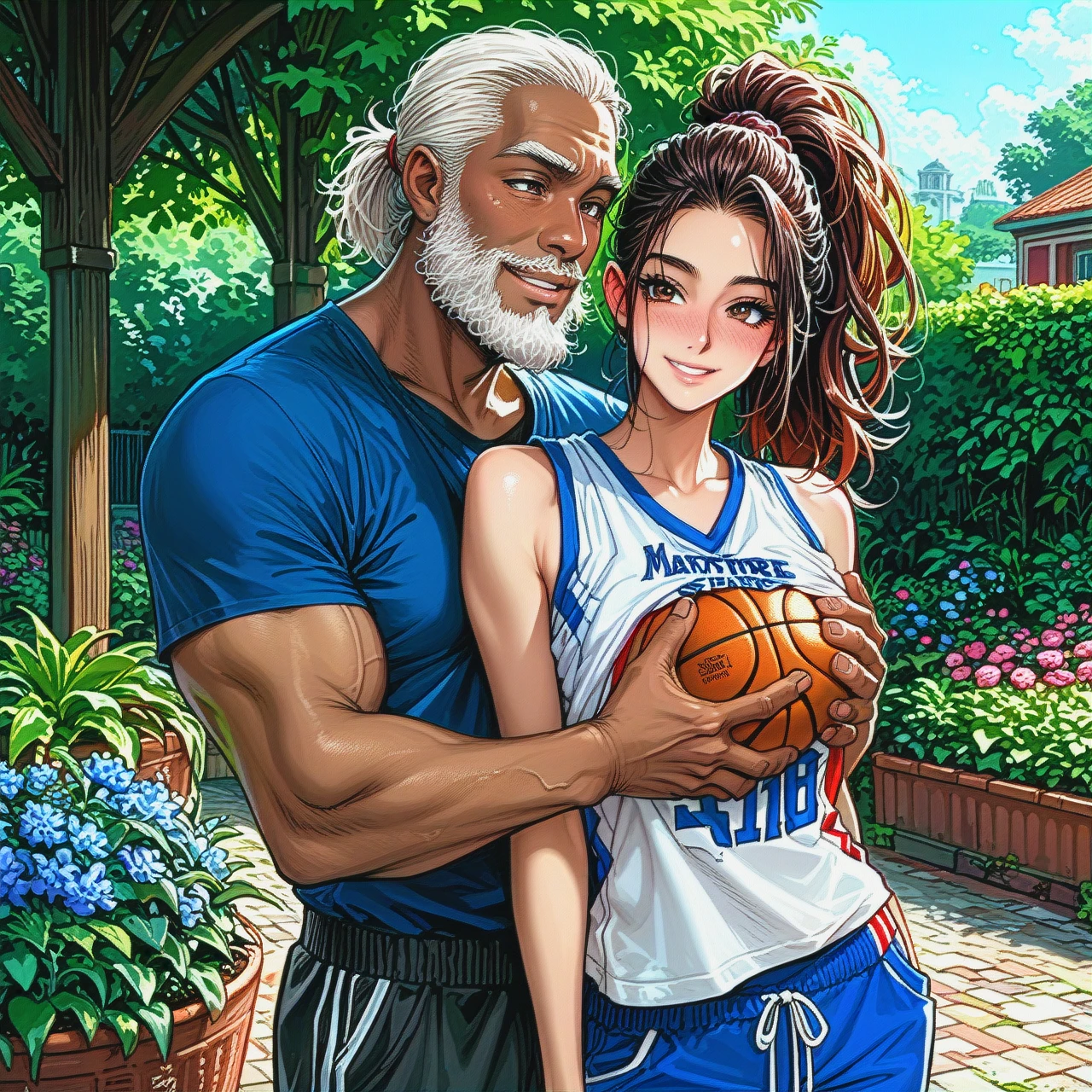 garden, outside. (super cute dark-skinned African-american slim girl) (flat_chest), (oversized (white-basketball-jersey) and pants), smiling, blush, top ponytail,(muscular old man with a beard) (reach-around) (breast_grab)