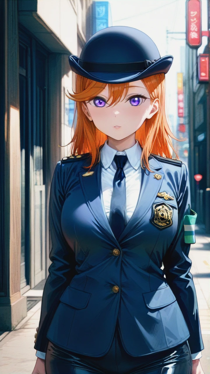 1girl,shibuya_kanon\(love_live!\),purple_eyes,looking at viewer, Japanese Police_officer,Bowler Hat, high_back hat, salute