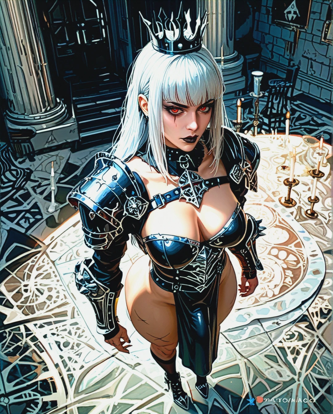 Realistic anime style, beautiful scars face, on the dark castle, mature futanari, curvy body, straight hair, red eyes, white hair, huge ass, medium breasts, black goth kneehighs, high goth heels, focus solo, black goth full plate armor, scars, black crown, big bulge penis, focus ass