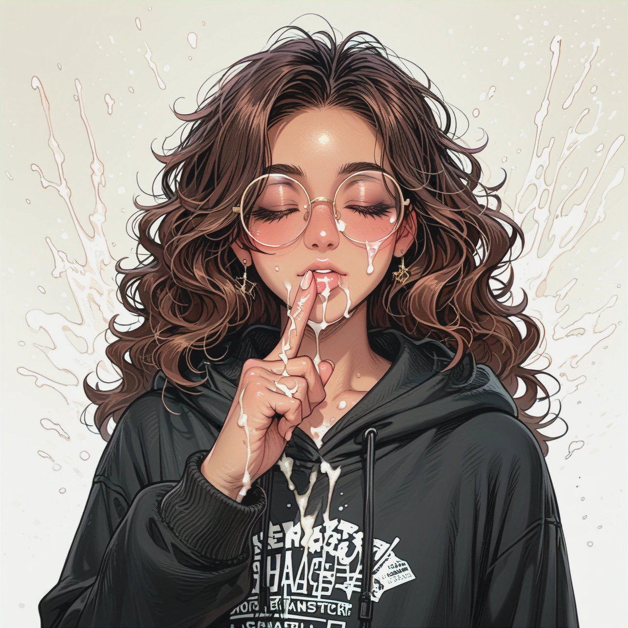 Slim tanned brunette wavy hair round glasses (flat_chest) looking at cum covered finger,index-finger pointing upward,(closed_eyes) sucking finger,hoodie