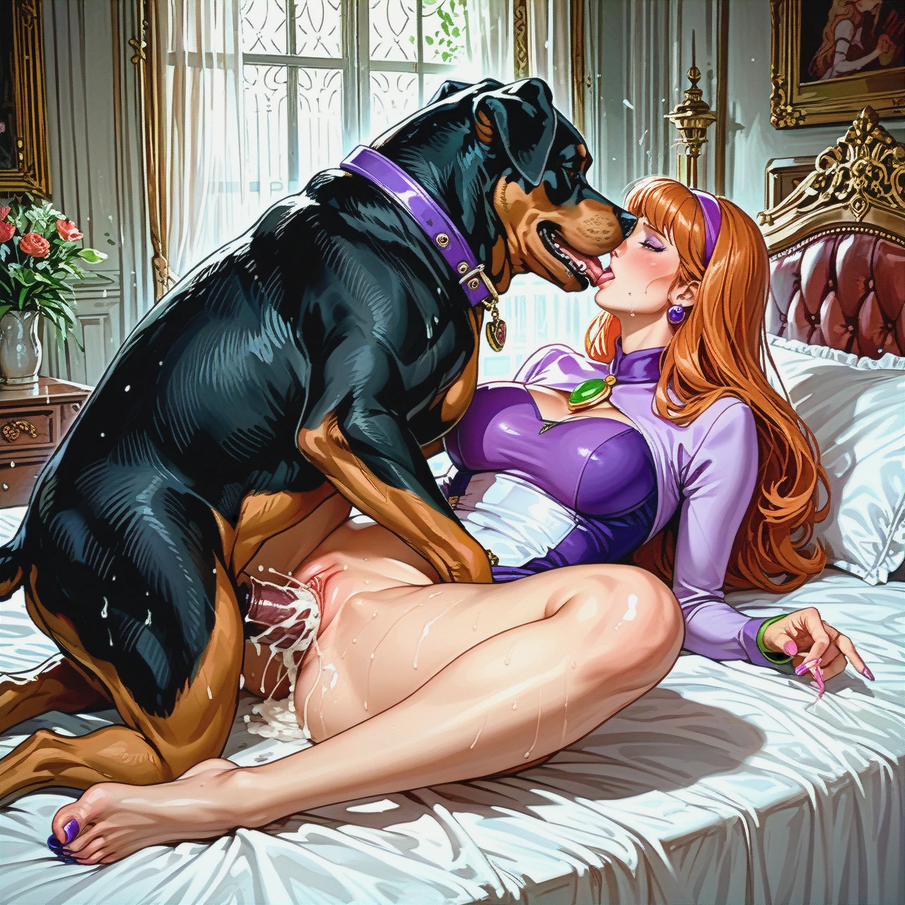 Daphne Blake,teenager, perfect tits,(beauty, sexy, curvy body), huge monster feral dog, (in heat, huge rottweiler), difference in size,vaginal penetration, creampie, overflowing cum, bed,kiss, missionery,v