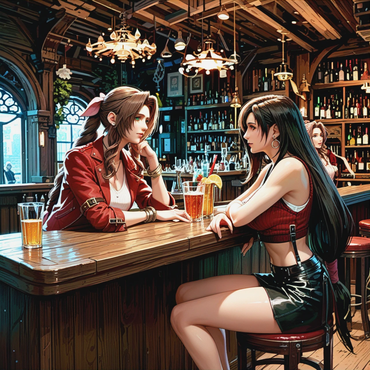 Bar,table,Tifa Lockhar,  @aerith_gainsborough ,2girls